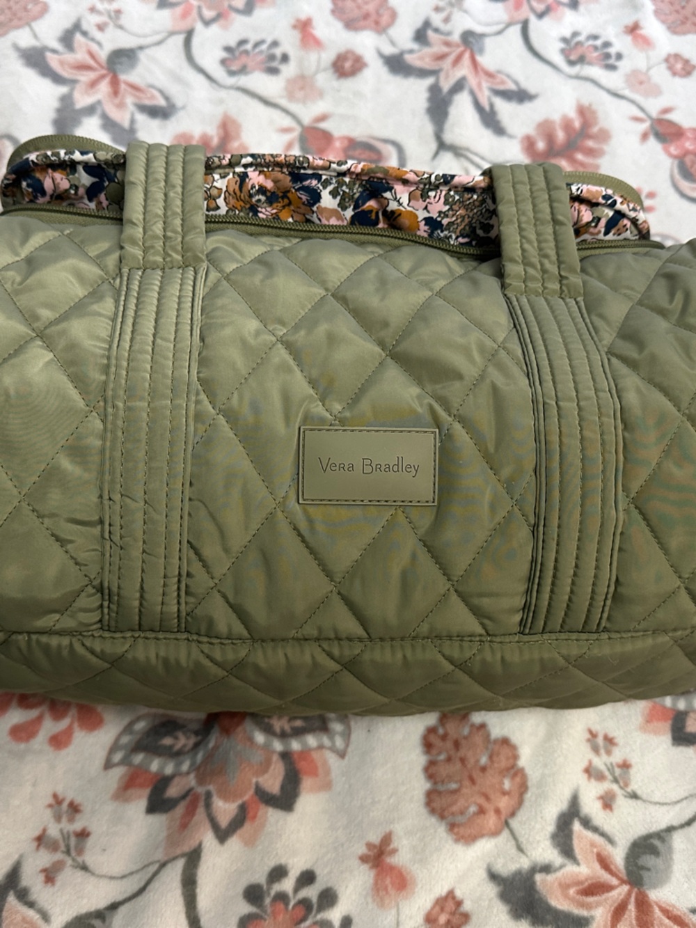 Vera Bradley Olive Quilted Travel Duffel with Floral Trim